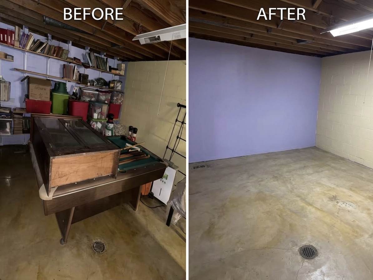 Basement cleanout with antique pool table removal, before and after. Before image shows a heavy upright pool table, bookshelves of books, holiday storage bins, and household goods. After image shows the same basement empty with a clean concrete floor.
