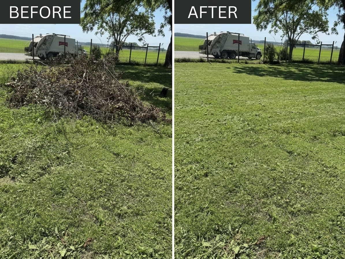 Yard debris removal, before and after. Before image shows a large pile of dead branches, brush, and yard debris in the backyard with a garbage truck in the background. After image shows a clean, mowed lawn with the debris gone.